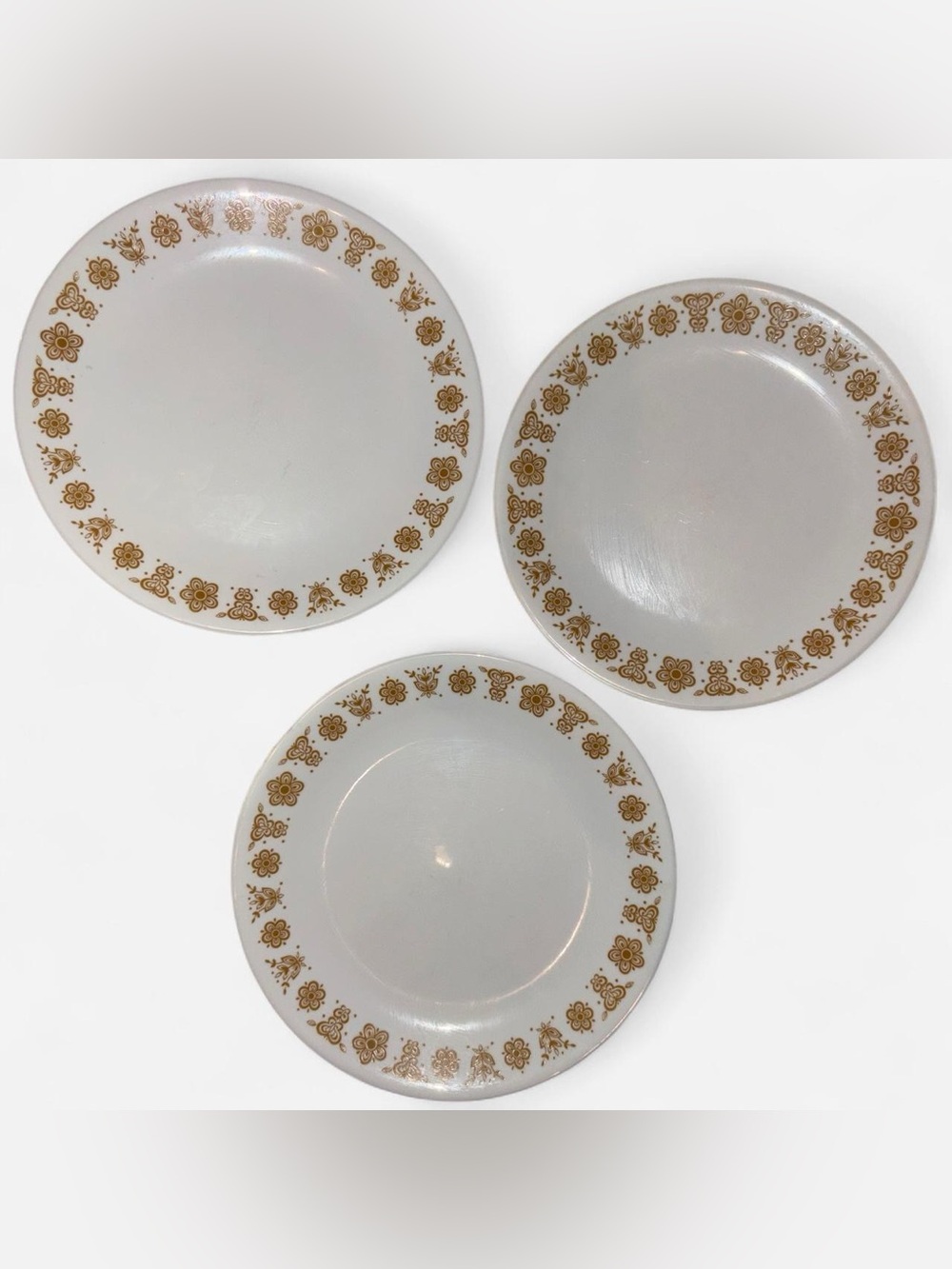 vtg 70s corelle “butterfly gold” 3pc lunch/salad plate set